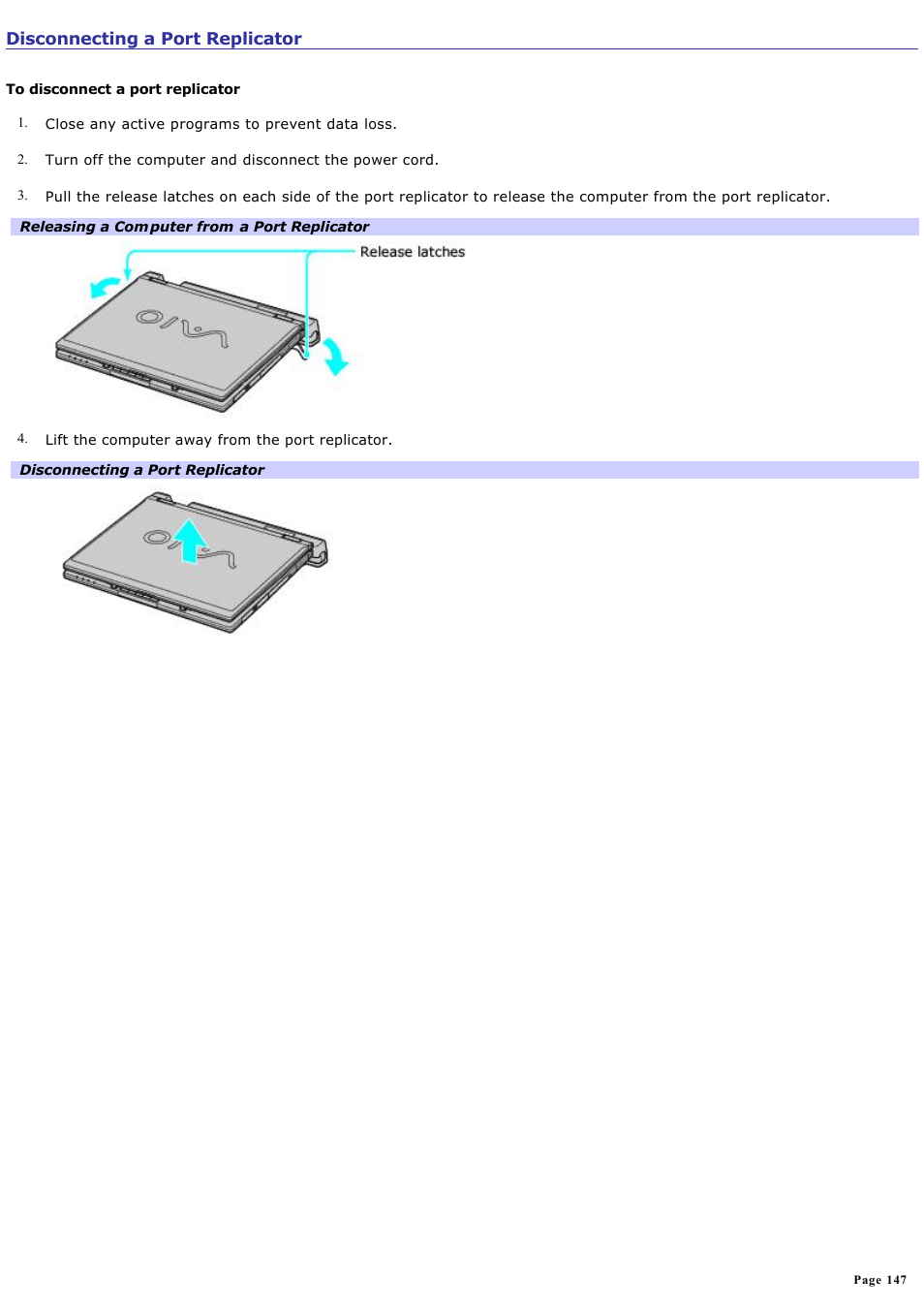 Disconnecting a port replicator | Sony PCG-GRT100K User Manual | Page 147 / 240