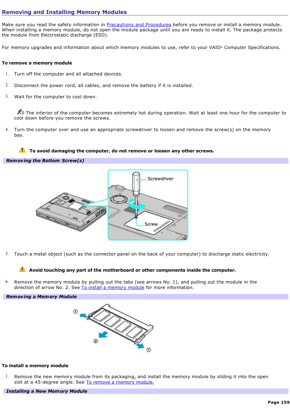 Removing and installing memory modules | Sony PCG-GRT100K User Manual | Page 159 / 240