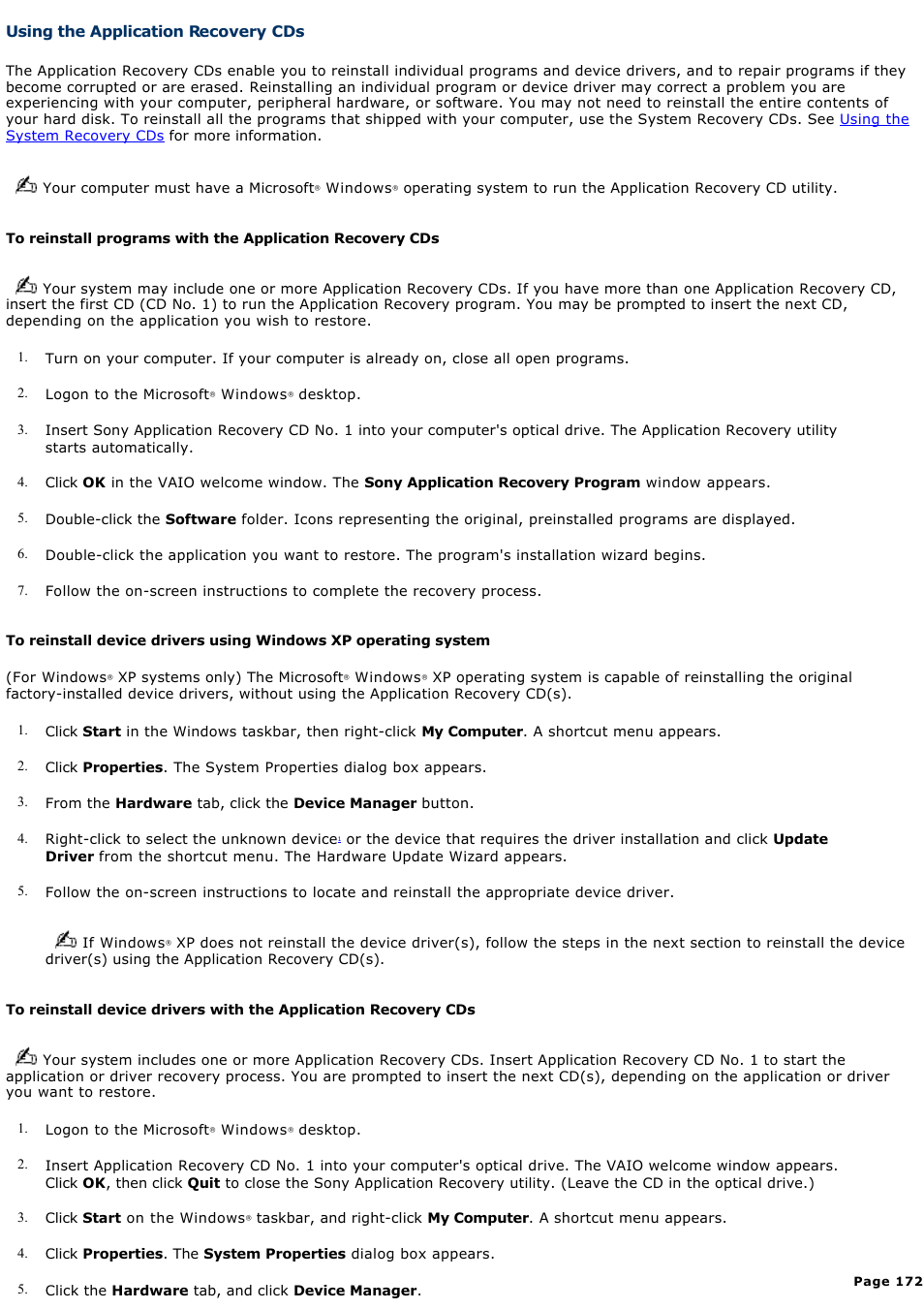 Using the application recovery cds | Sony PCG-GRT100K User Manual | Page 172 / 240