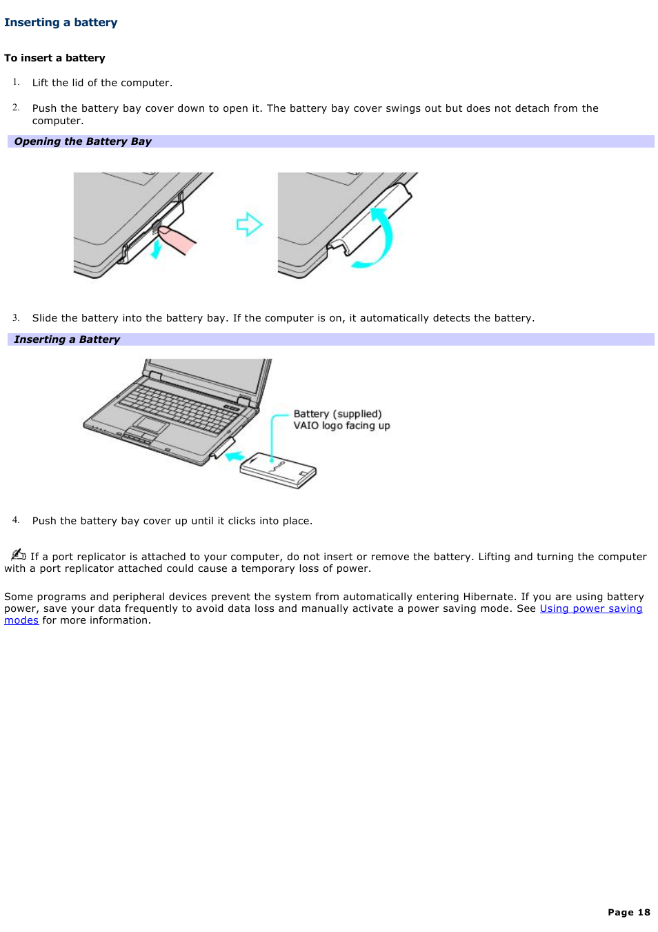 Inserting a battery | Sony PCG-GRT100K User Manual | Page 18 / 240