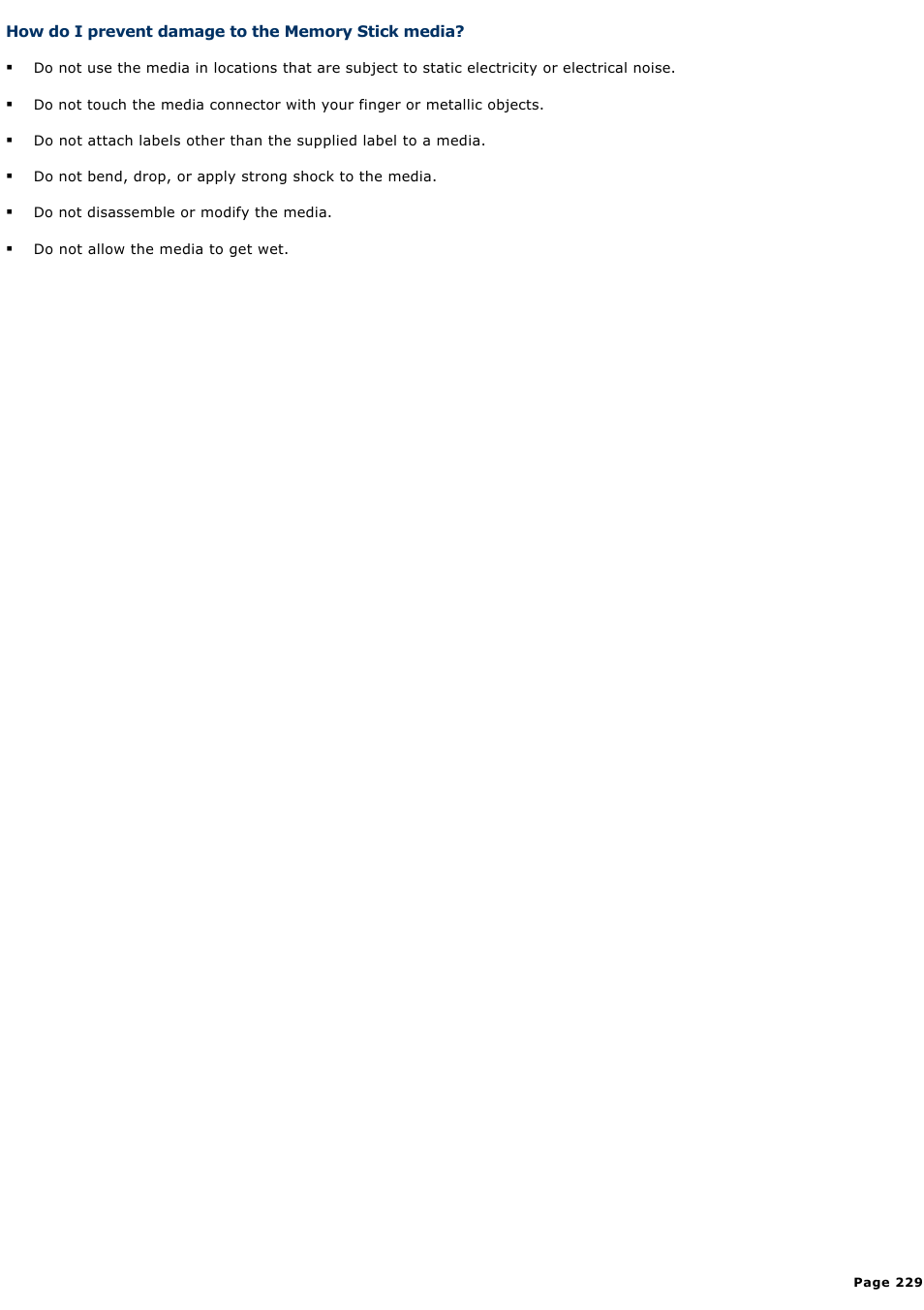 How do i prevent damage to the memory stick media | Sony PCG-GRT100K User Manual | Page 229 / 240