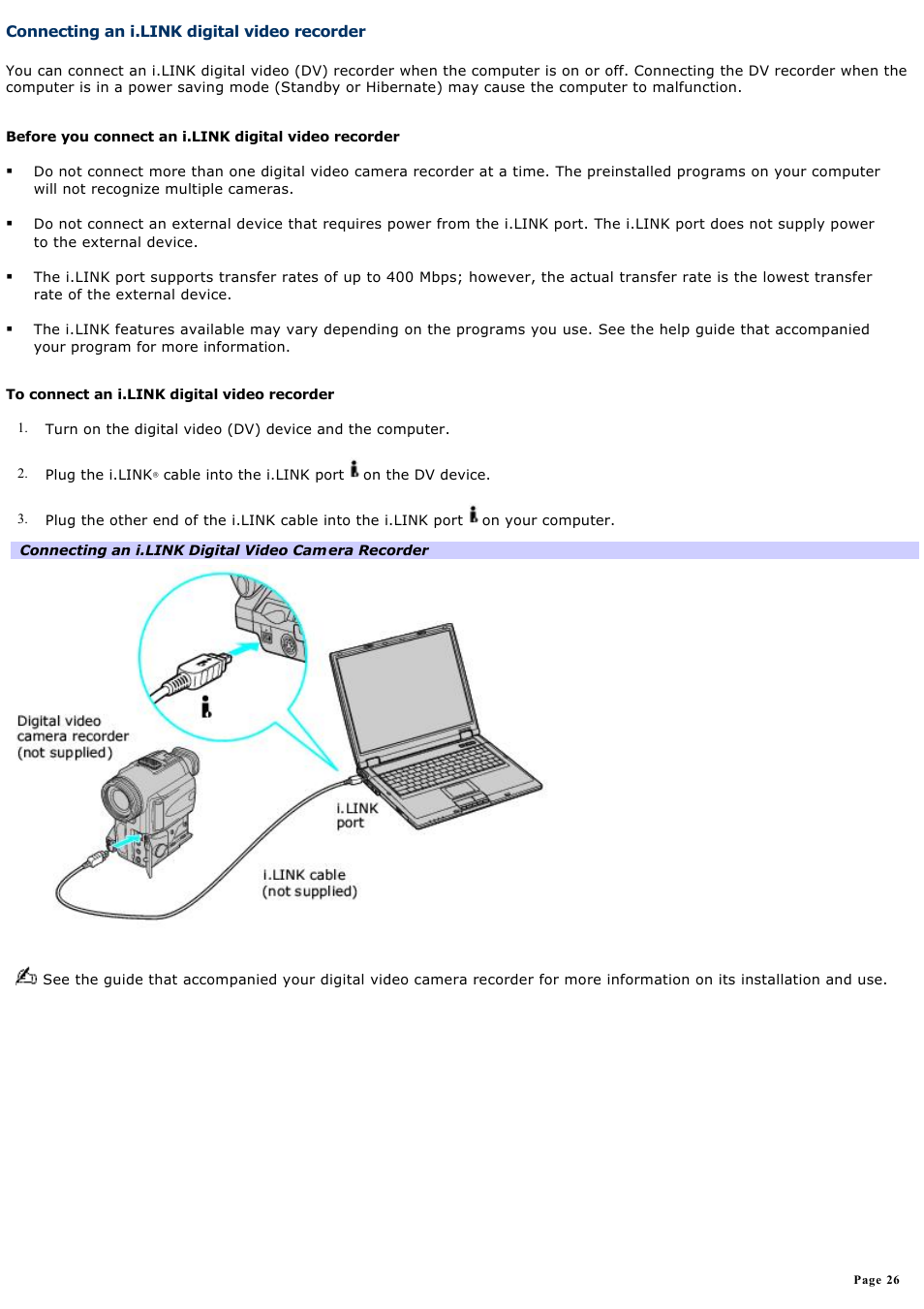 Connecting an i.link digital video recorder | Sony PCG-GRT100K User Manual | Page 26 / 240