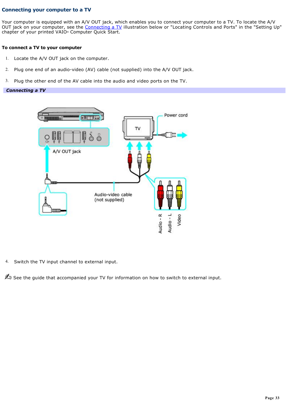 Connecting your computer to a tv | Sony PCG-GRT100K User Manual | Page 33 / 240