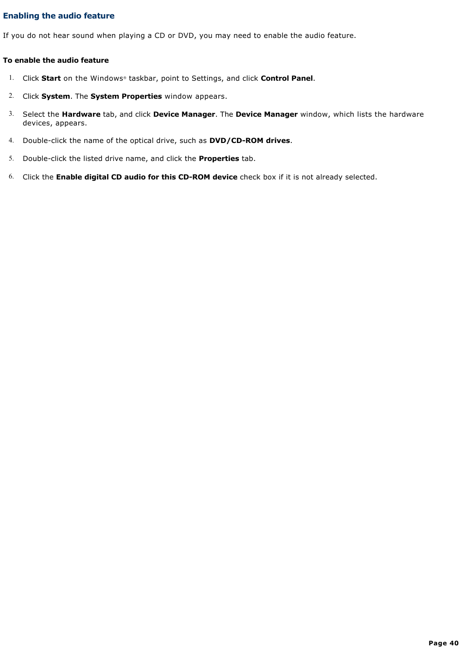 Enabling the audio feature | Sony PCG-GRT100K User Manual | Page 40 / 240