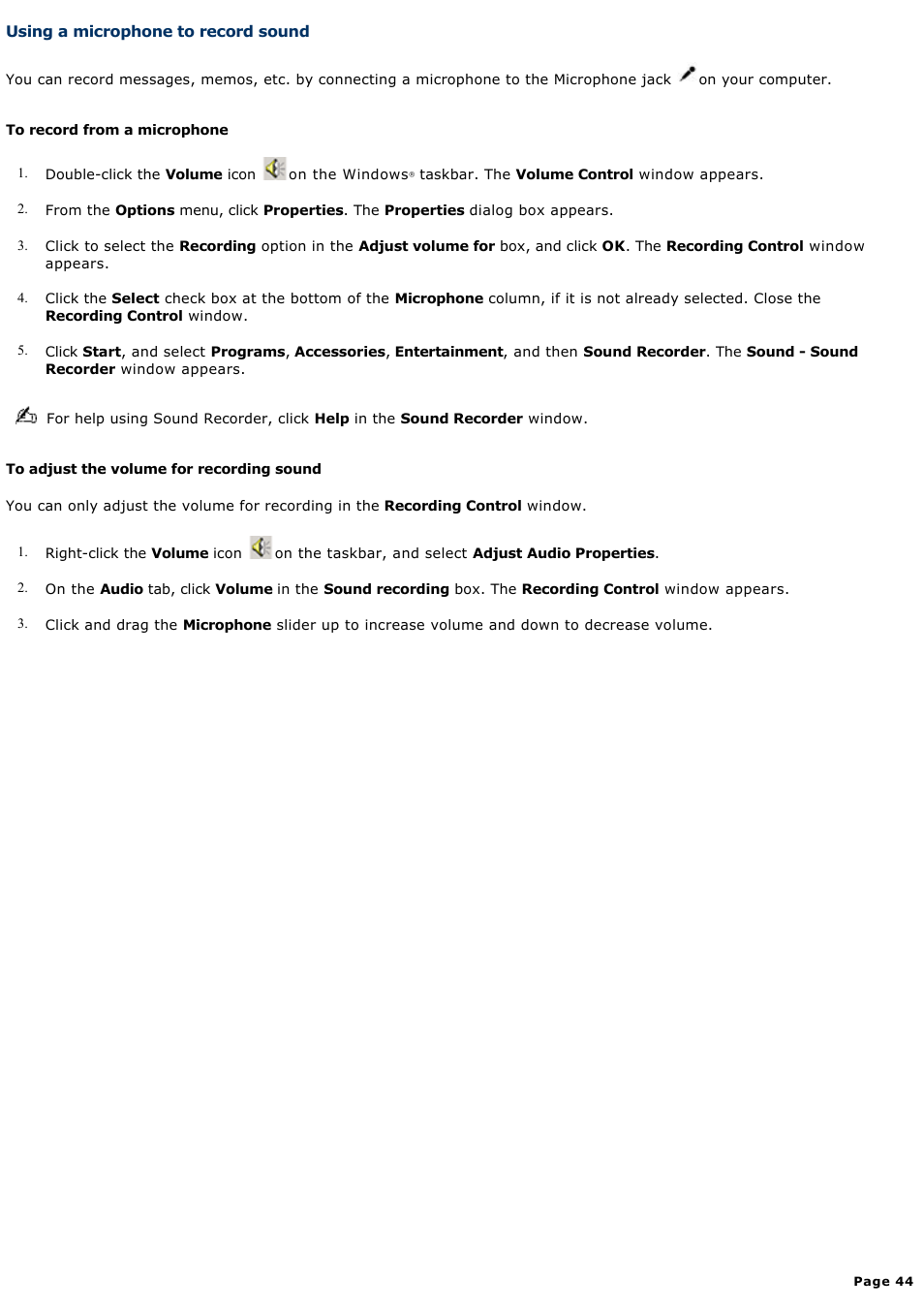 Using a microphone to record sound | Sony PCG-GRT100K User Manual | Page 44 / 240