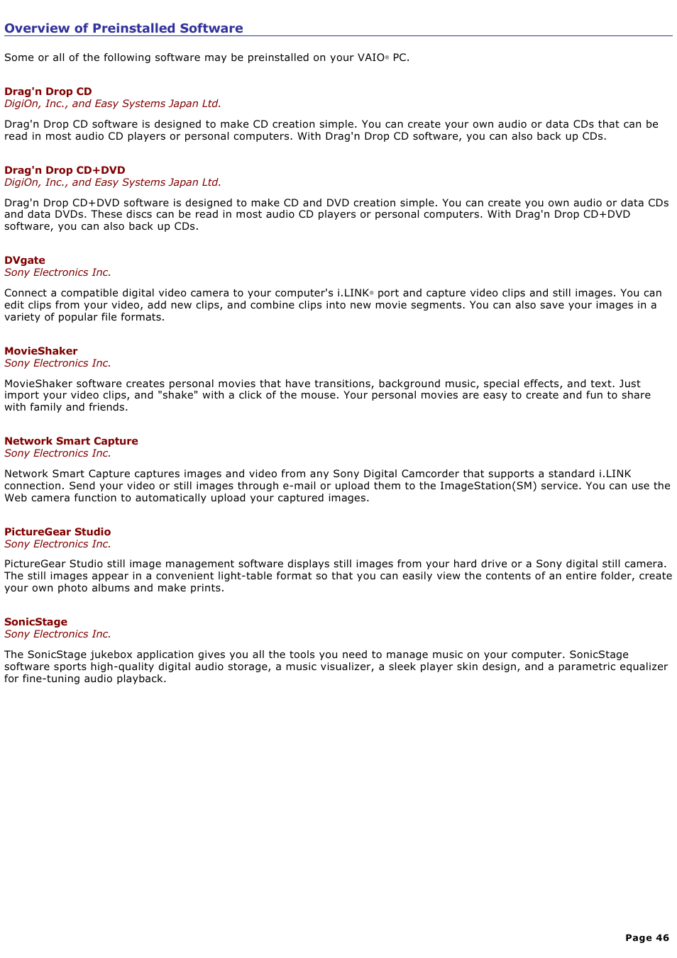 Overview of preinstalled software | Sony PCG-GRT100K User Manual | Page 46 / 240