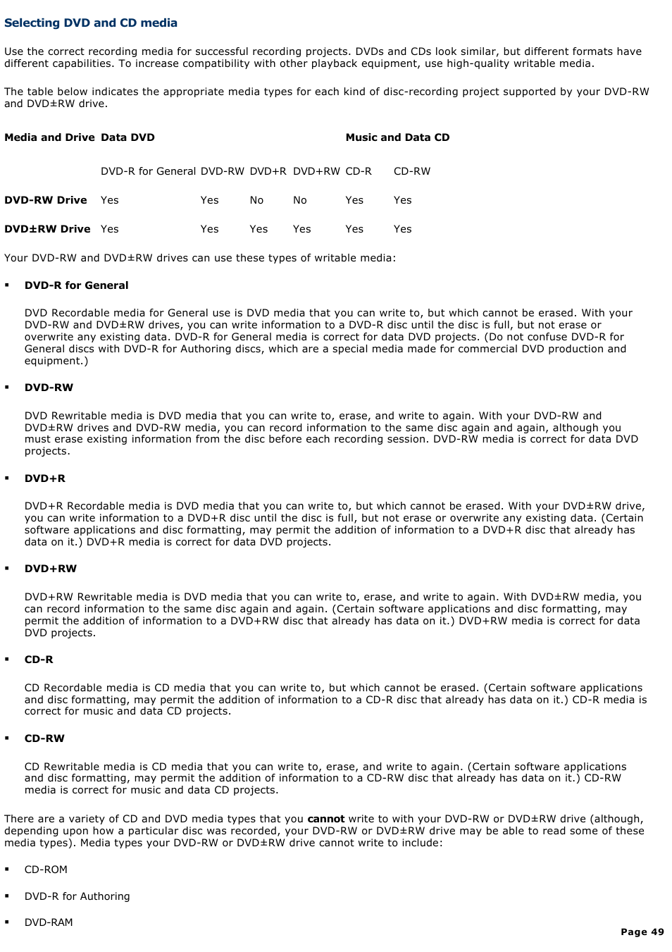 Selecting dvd and cd media | Sony PCG-GRT100K User Manual | Page 49 / 240