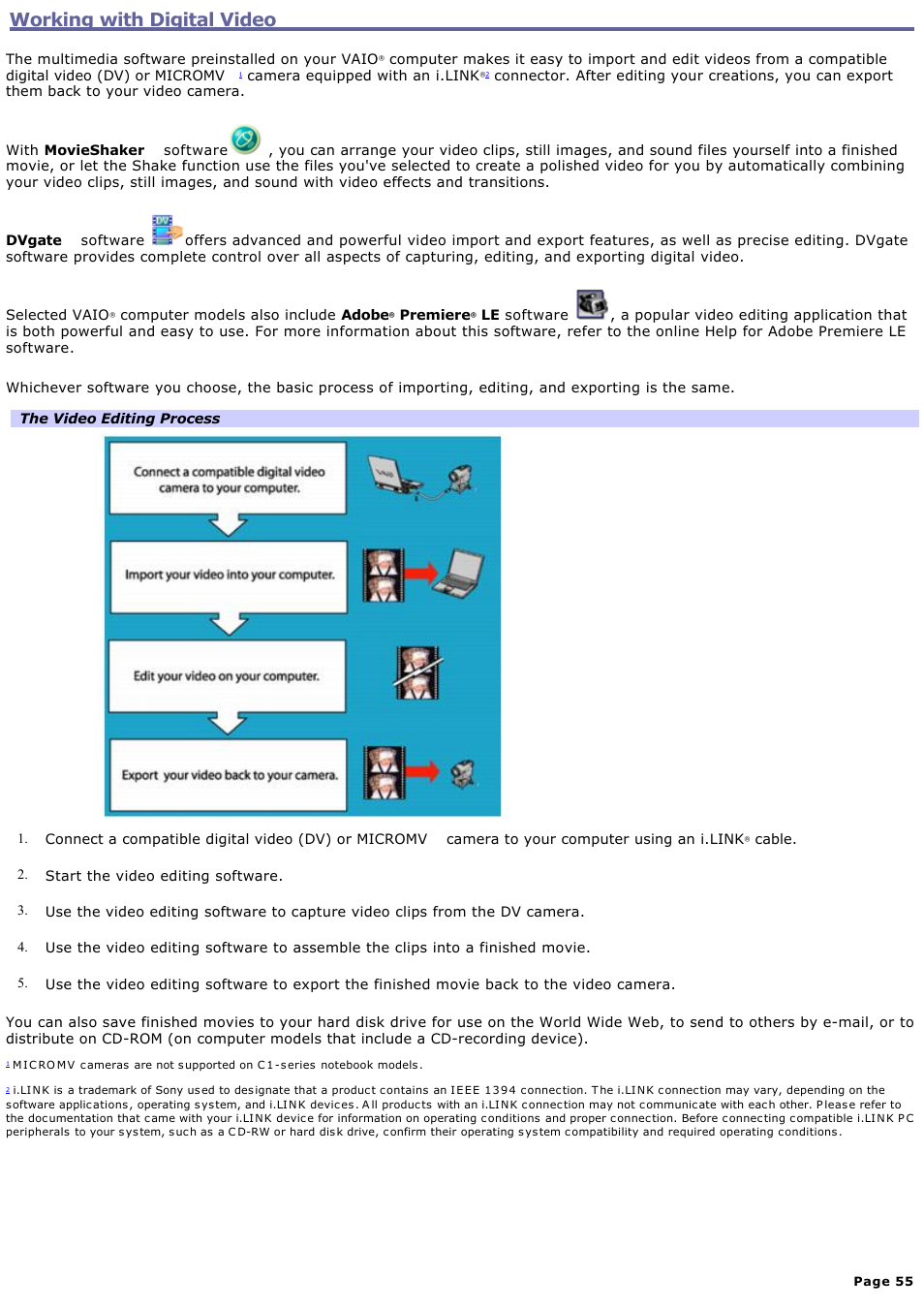 Working with digital video | Sony PCG-GRT100K User Manual | Page 55 / 240