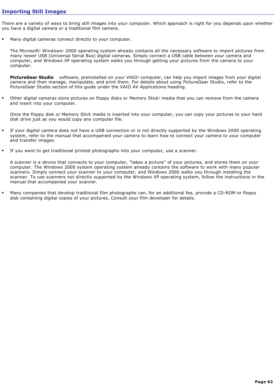 Importing still images | Sony PCG-GRT100K User Manual | Page 62 / 240