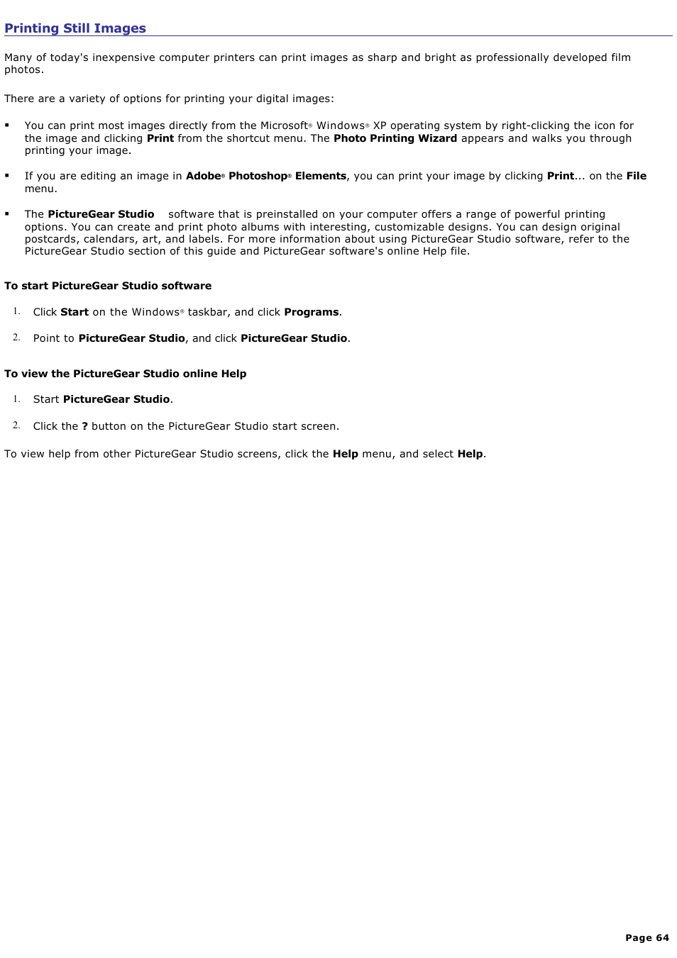 Printing still images | Sony PCG-GRT100K User Manual | Page 64 / 240