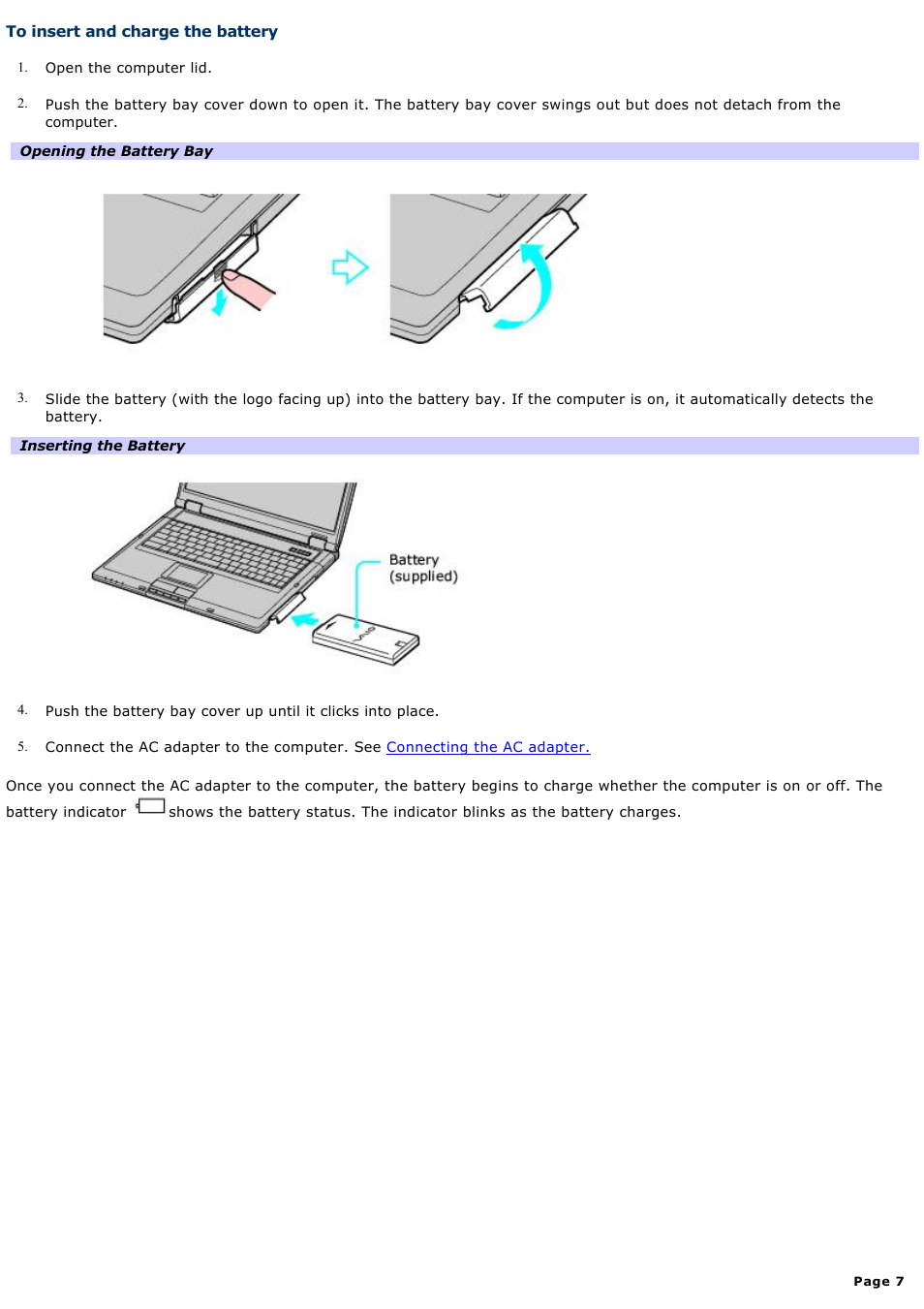 To insert and charge the battery | Sony PCG-GRT100K User Manual | Page 7 / 240