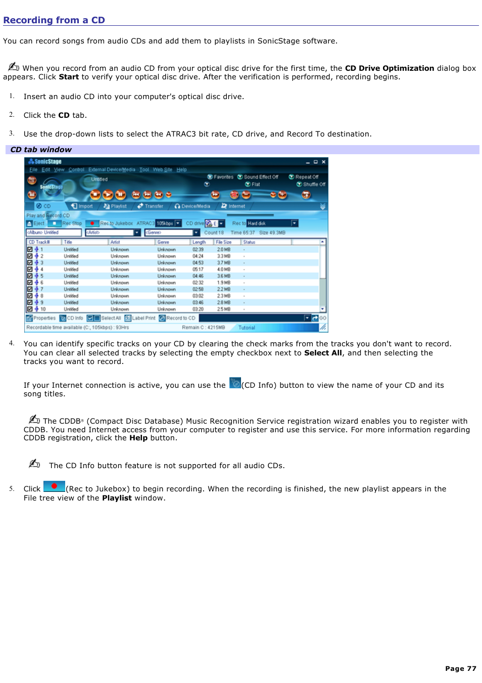 Recording from a cd | Sony PCG-GRT100K User Manual | Page 77 / 240