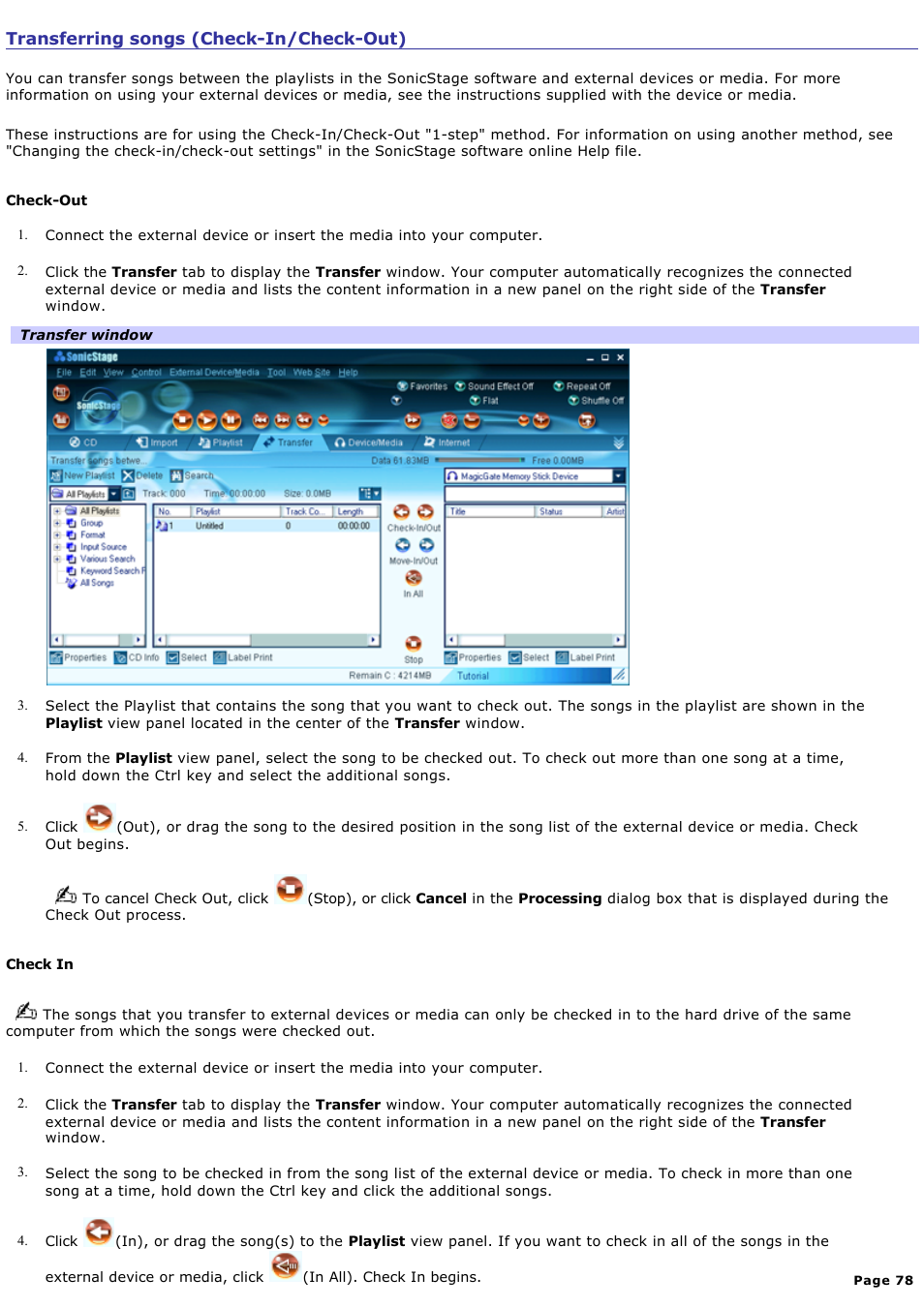 Transferring songs (check-in/check-out) | Sony PCG-GRT100K User Manual | Page 78 / 240