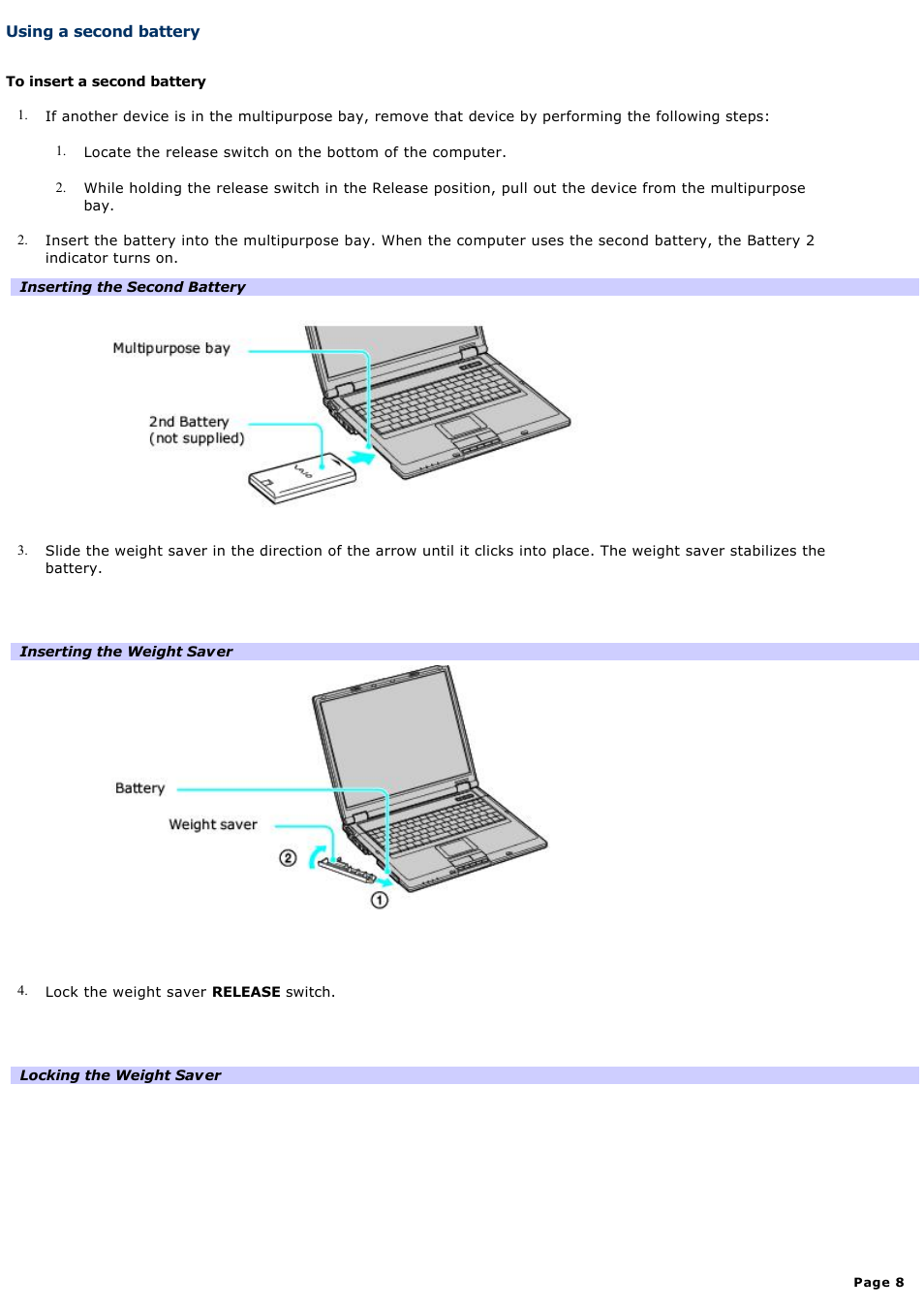 Using a second battery | Sony PCG-GRT100K User Manual | Page 8 / 240