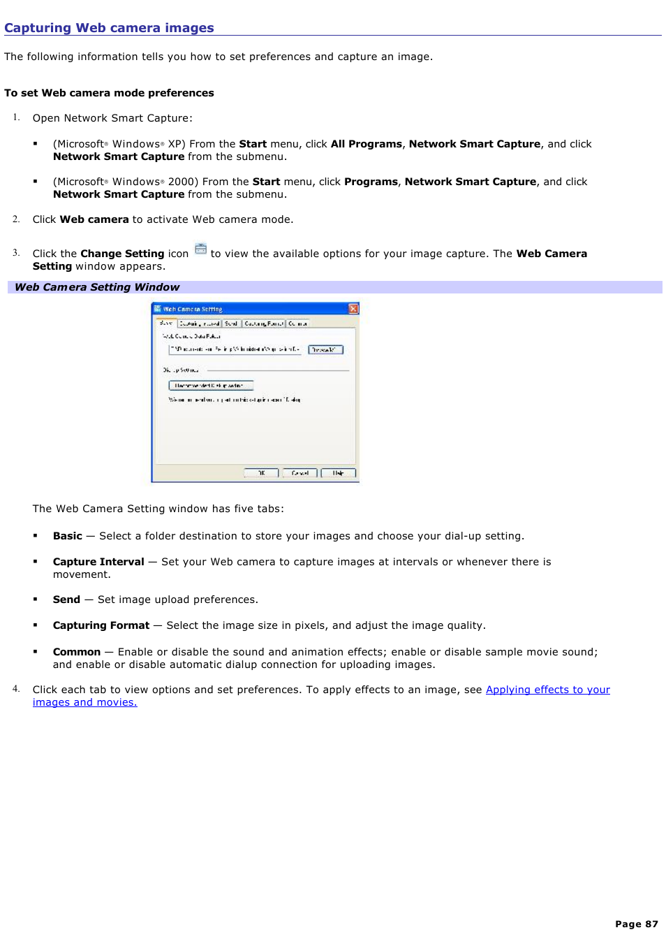 Capturing web camera images | Sony PCG-GRT100K User Manual | Page 87 / 240