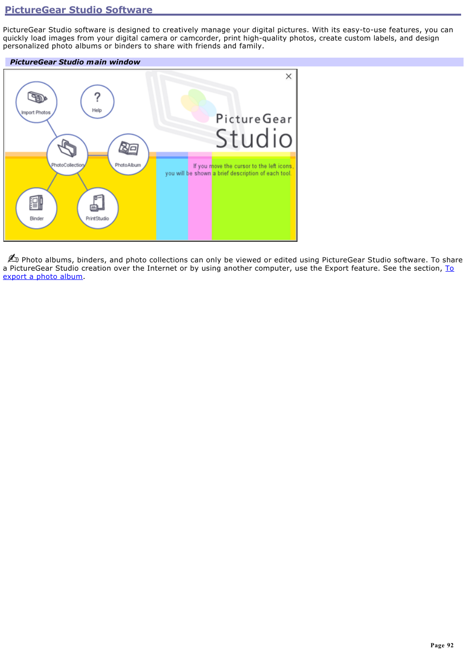 Picturegear studio software | Sony PCG-GRT100K User Manual | Page 92 / 240