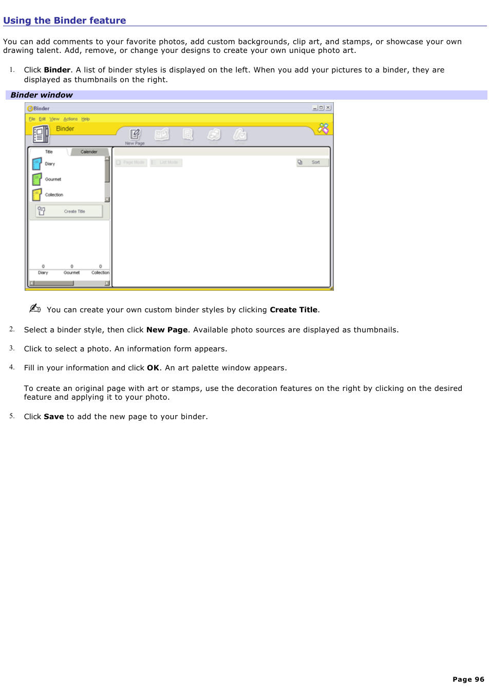 Using the binder feature | Sony PCG-GRT100K User Manual | Page 96 / 240