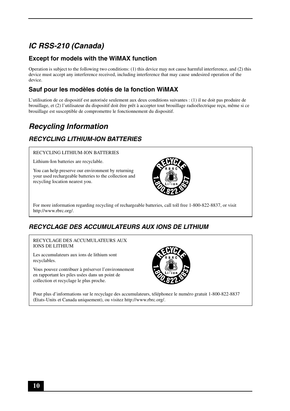 Ic rss-210 (canada), Recycling information | Sony VPCEA Series (Safety Information) User Manual | Page 10 / 28