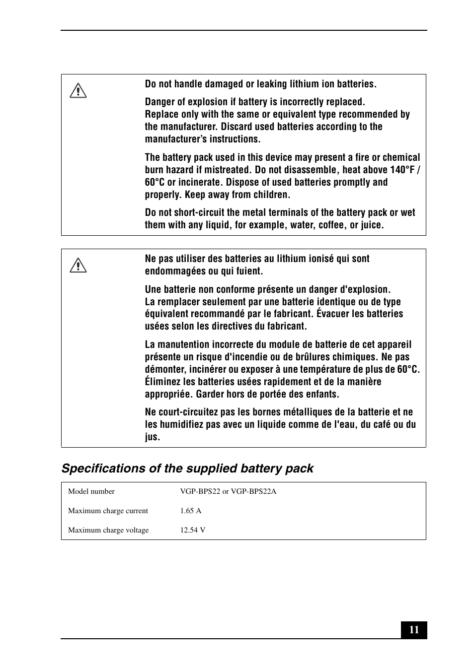 Specifications of the supplied battery pack | Sony VPCEA Series (Safety Information) User Manual | Page 11 / 28