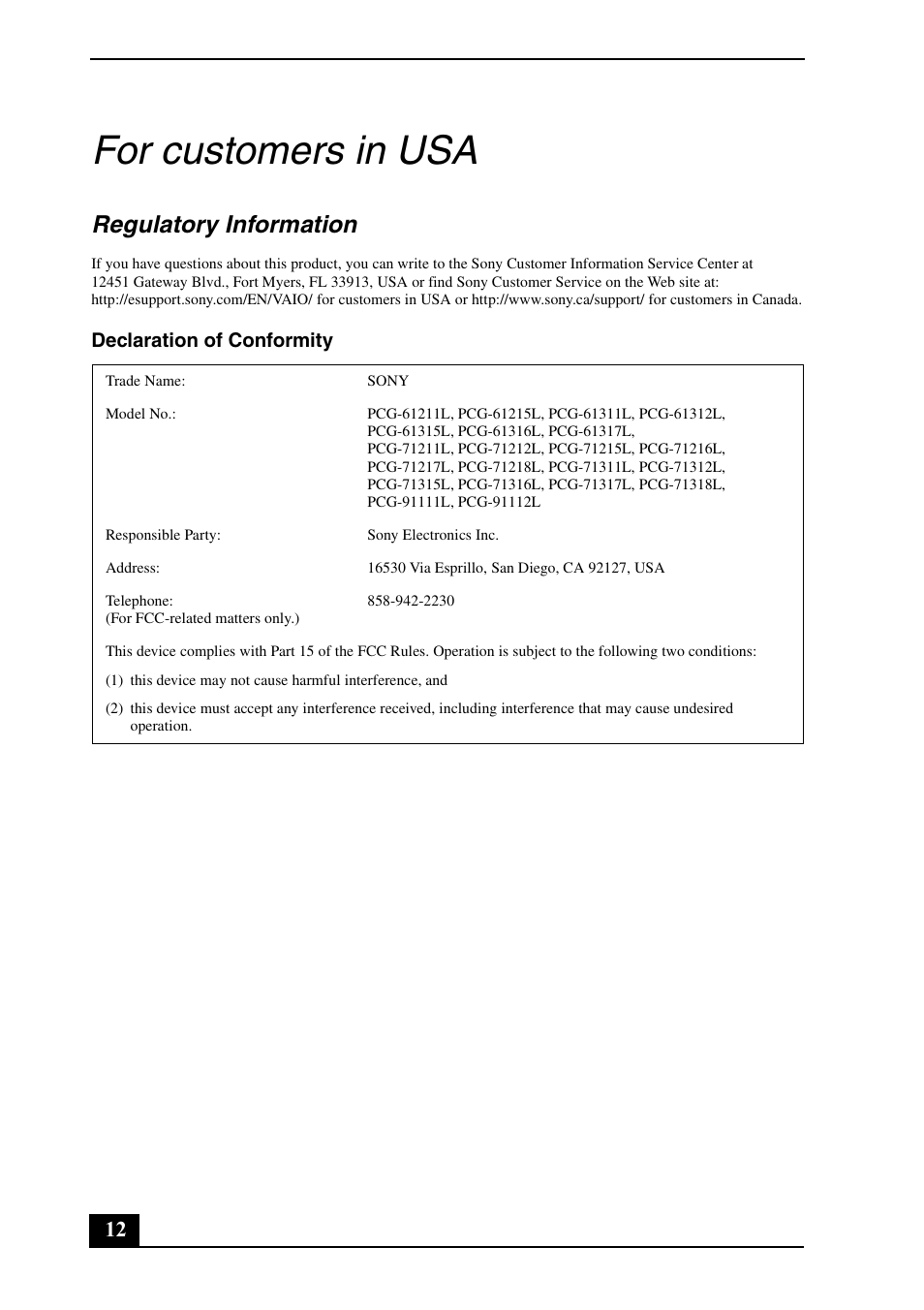 For customers in usa, Regulatory information, Declaration of conformity | Sony VPCEA Series (Safety Information) User Manual | Page 12 / 28