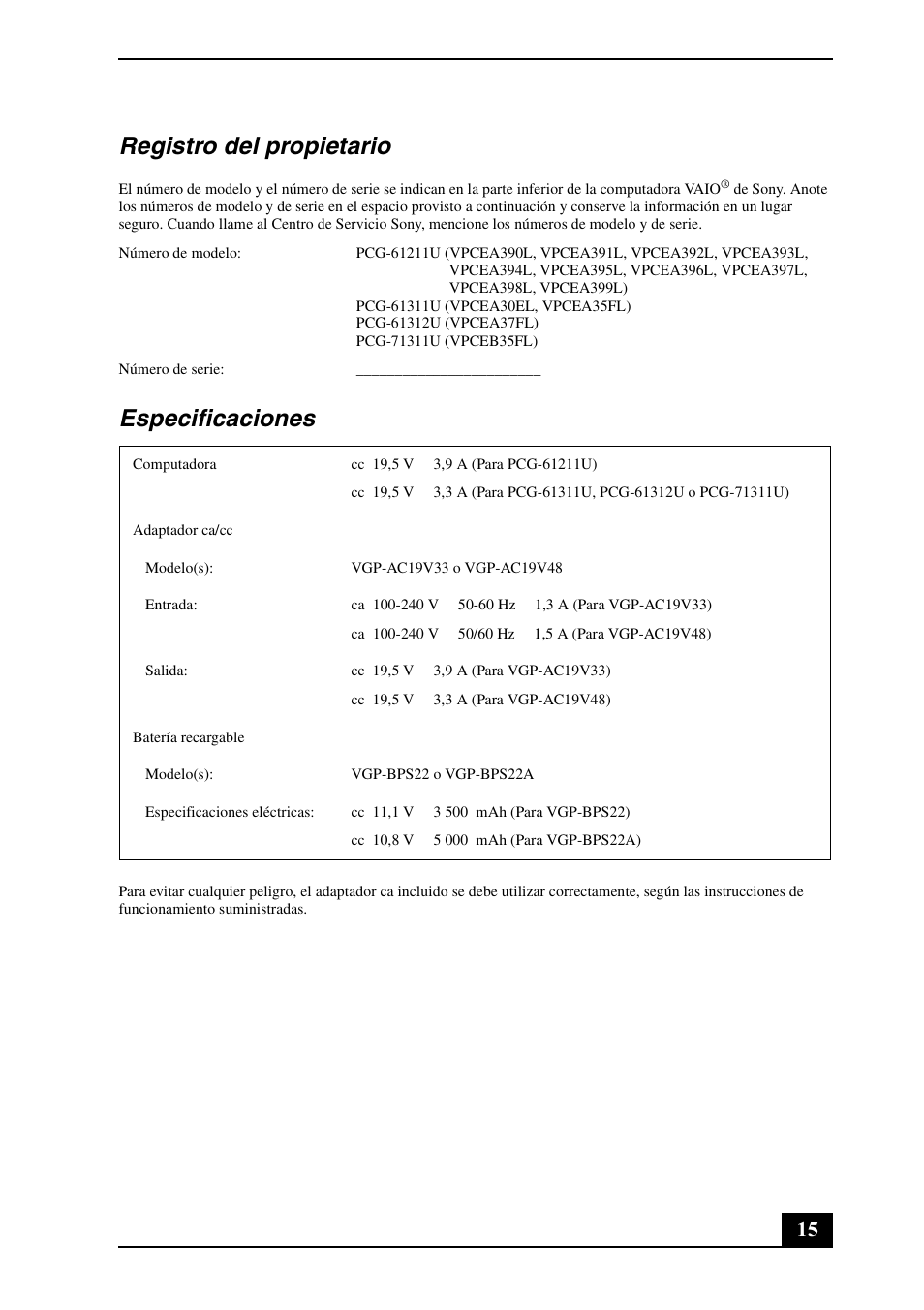 Registro del propietario, Especificaciones | Sony VPCEA Series (Safety Information) User Manual | Page 15 / 28