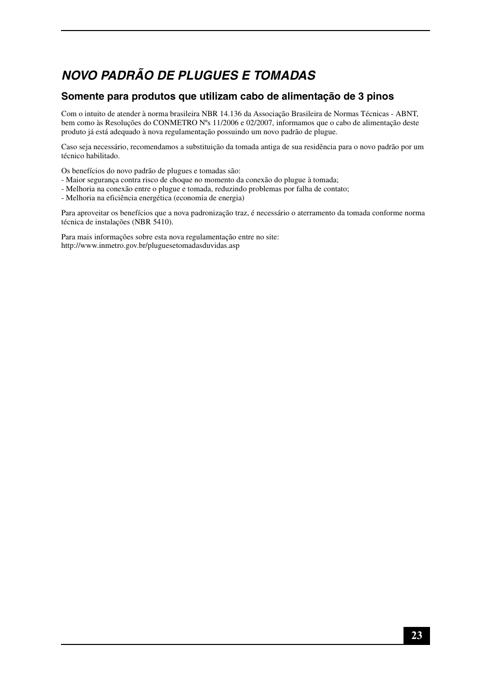 Novo padrão de plugues e tomadas | Sony VPCEA Series (Safety Information) User Manual | Page 23 / 28