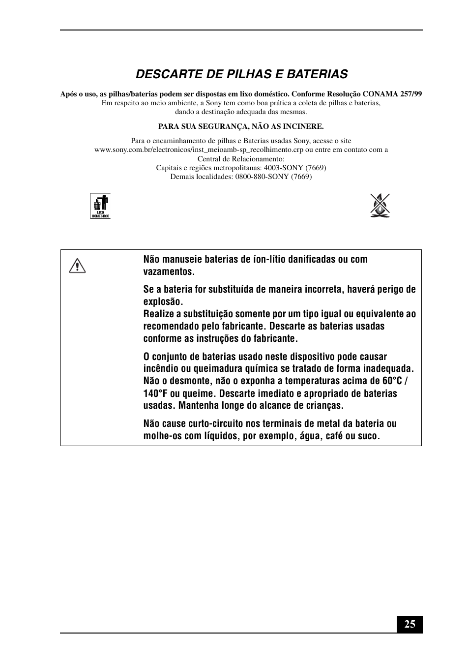 Descarte de pilhas e baterias | Sony VPCEA Series (Safety Information) User Manual | Page 25 / 28