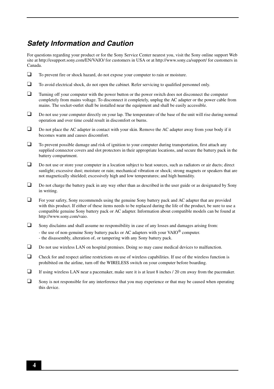 Safety information and caution | Sony VPCEA Series (Safety Information) User Manual | Page 4 / 28