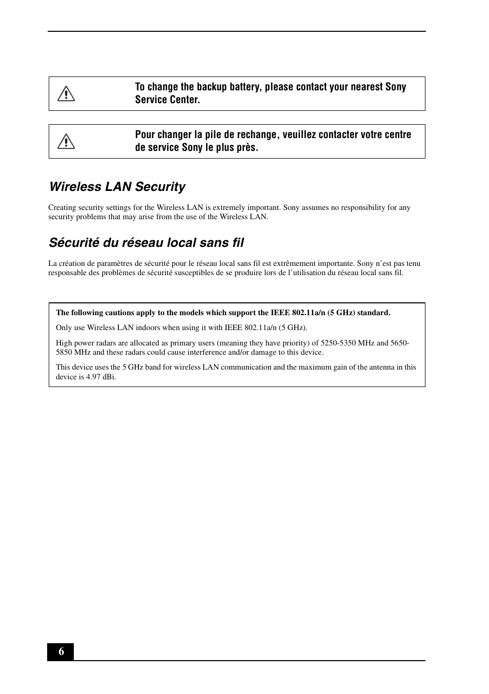 Wireless lan security, Sécurité du réseau local sans fil | Sony VPCEA Series (Safety Information) User Manual | Page 6 / 28
