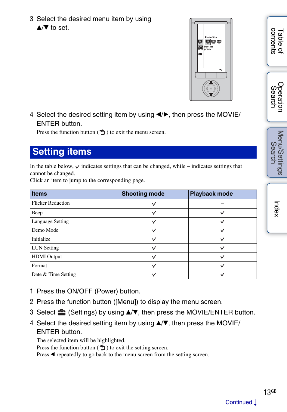 Setting items | Sony bloggie MHS-FS2K User Manual | Page 13 / 80