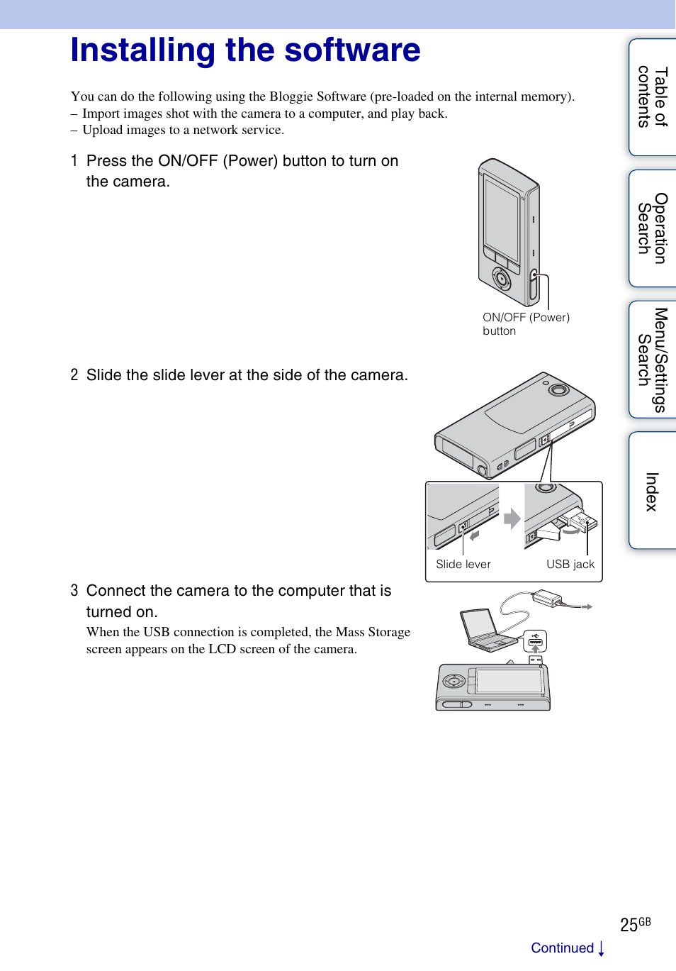 Installing the software | Sony bloggie MHS-FS2K User Manual | Page 25 / 80