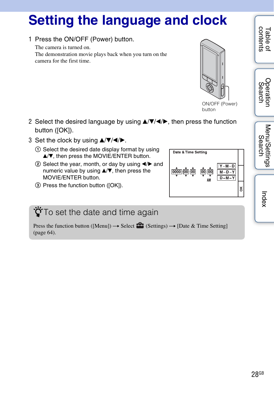 Setting the language and clock | Sony bloggie MHS-FS2K User Manual | Page 28 / 80