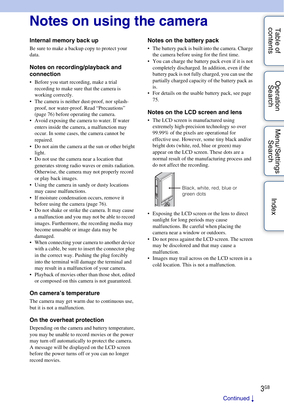 Notes on using the camera | Sony bloggie MHS-FS2K User Manual | Page 3 / 80