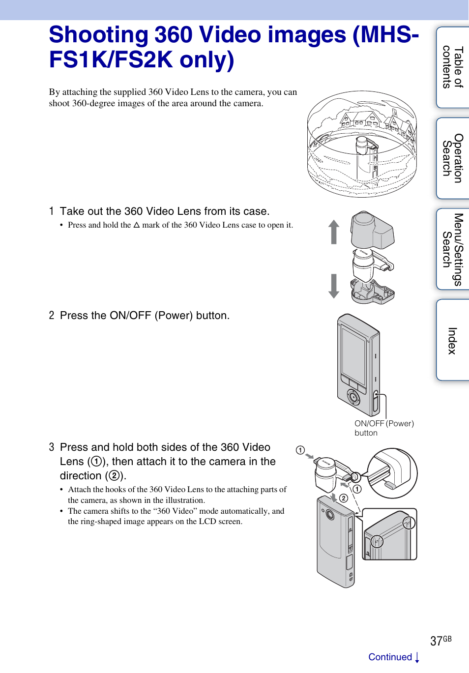 Shooting 360 video images (mhs-fs1k/fs2k only) | Sony bloggie MHS-FS2K User Manual | Page 37 / 80