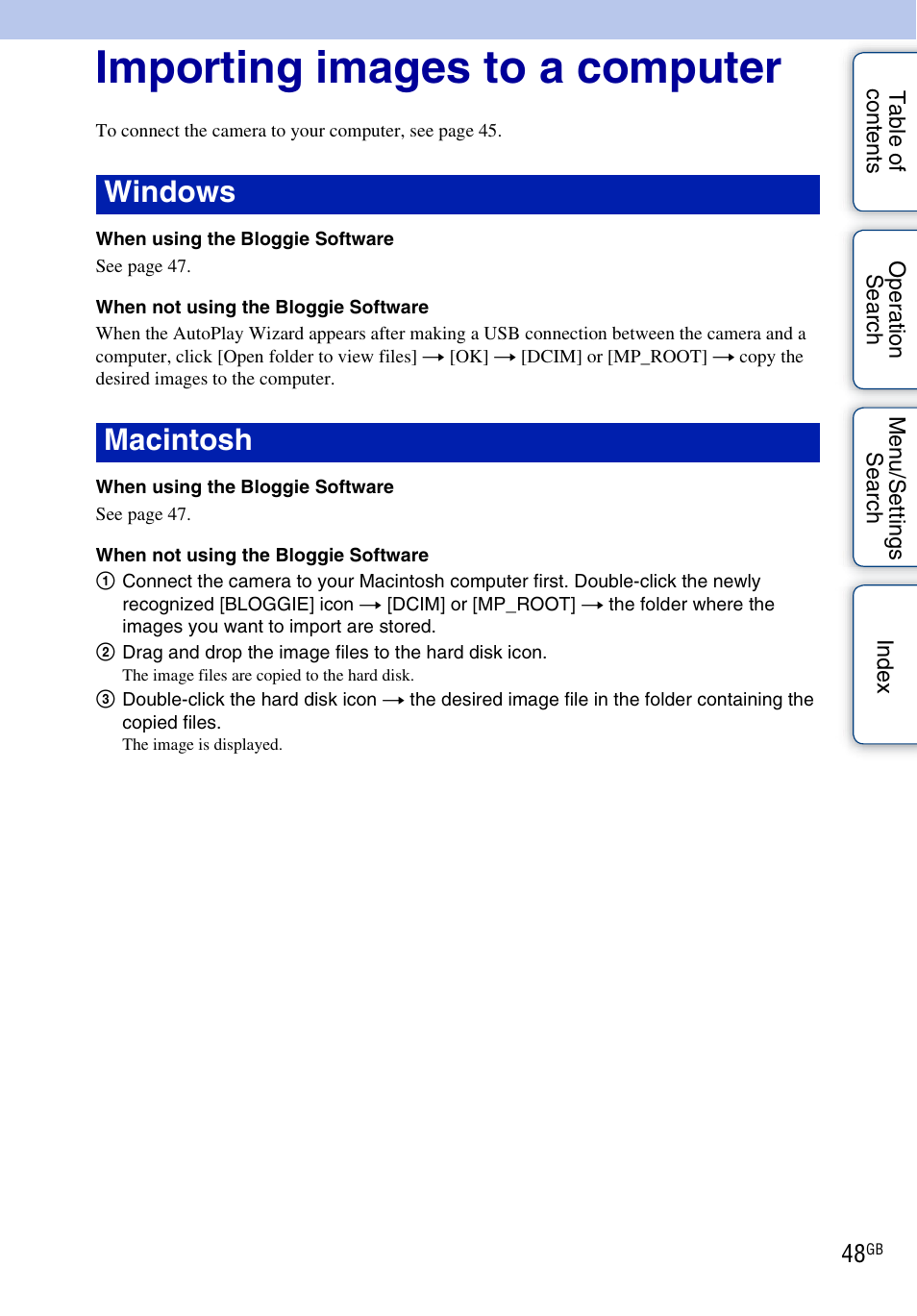 Importing images to a computer, Windows macintosh | Sony bloggie MHS-FS2K User Manual | Page 48 / 80