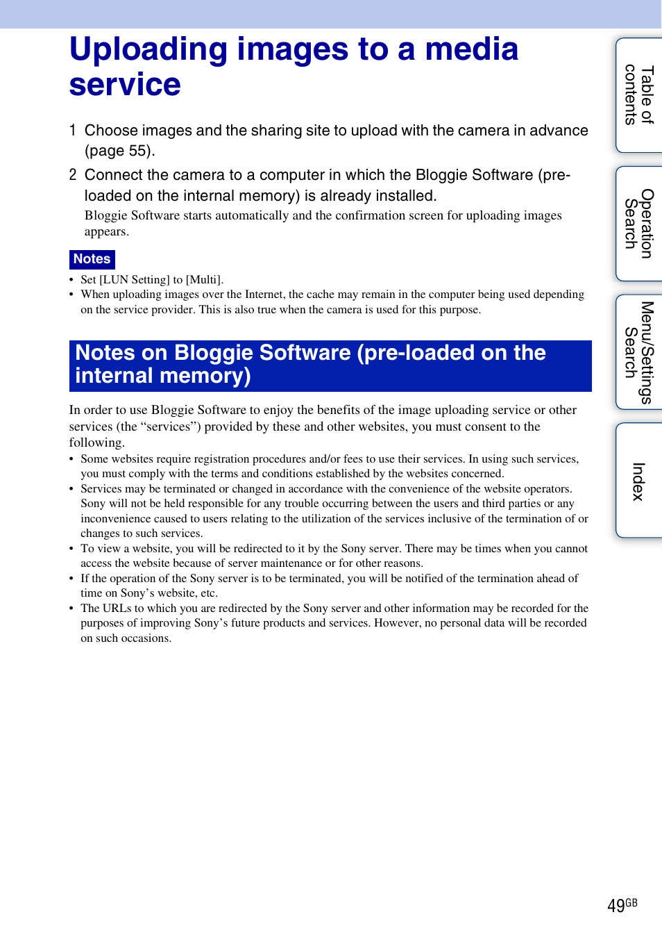 Uploading images to a media service | Sony bloggie MHS-FS2K User Manual | Page 49 / 80