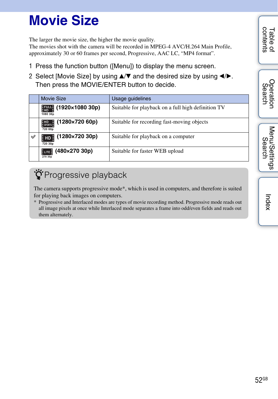 Movie size, Progressive playback | Sony bloggie MHS-FS2K User Manual | Page 52 / 80