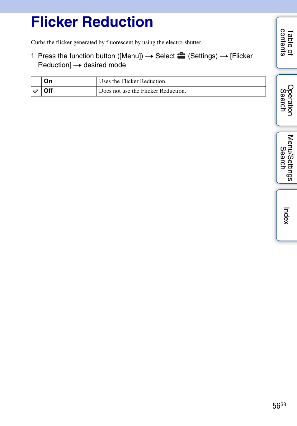 Flicker reduction | Sony bloggie MHS-FS2K User Manual | Page 56 / 80