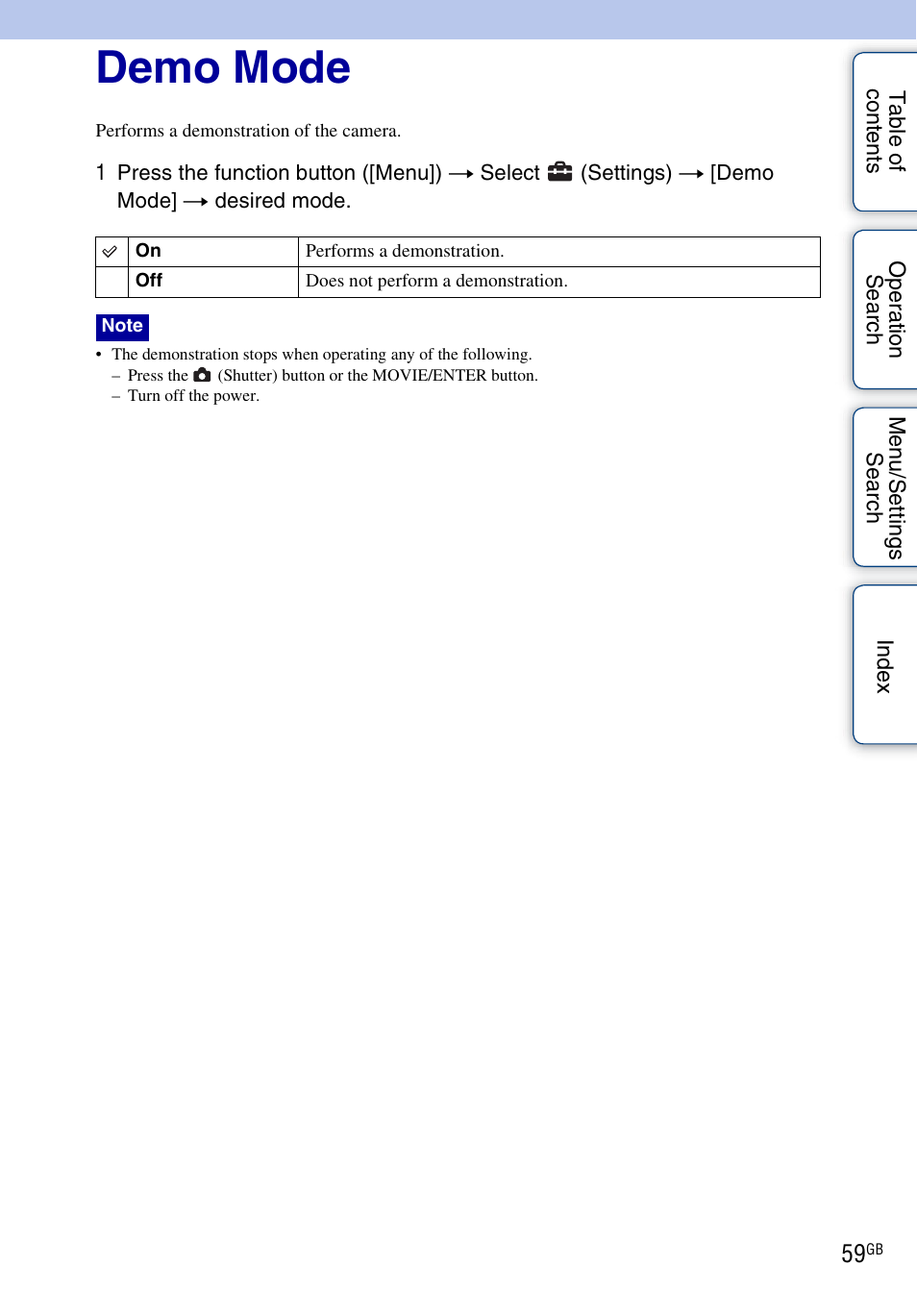 Demo mode | Sony bloggie MHS-FS2K User Manual | Page 59 / 80