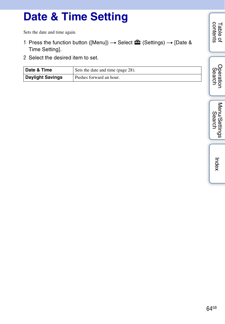 Date & time setting | Sony bloggie MHS-FS2K User Manual | Page 64 / 80