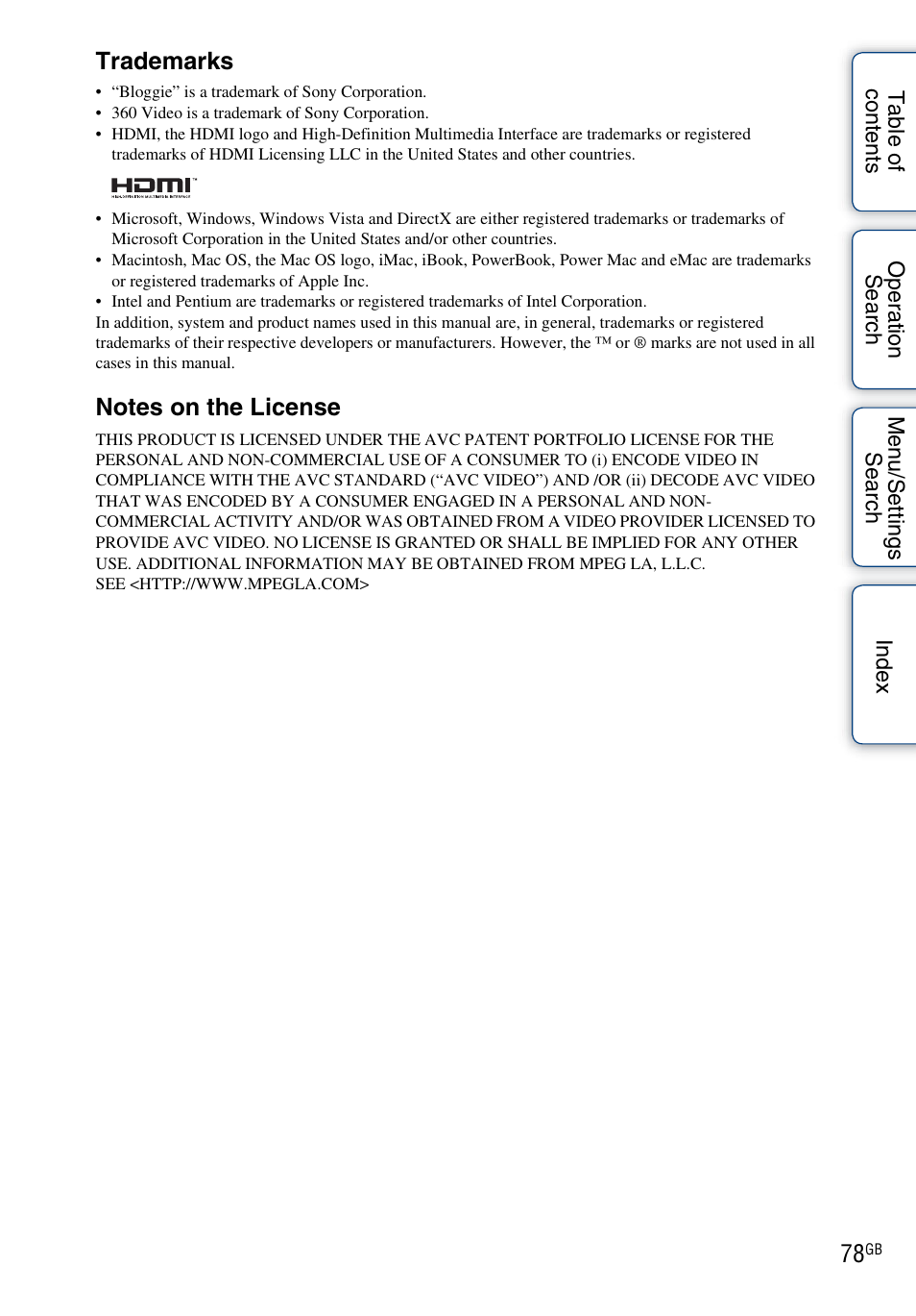 Trademarks | Sony bloggie MHS-FS2K User Manual | Page 78 / 80