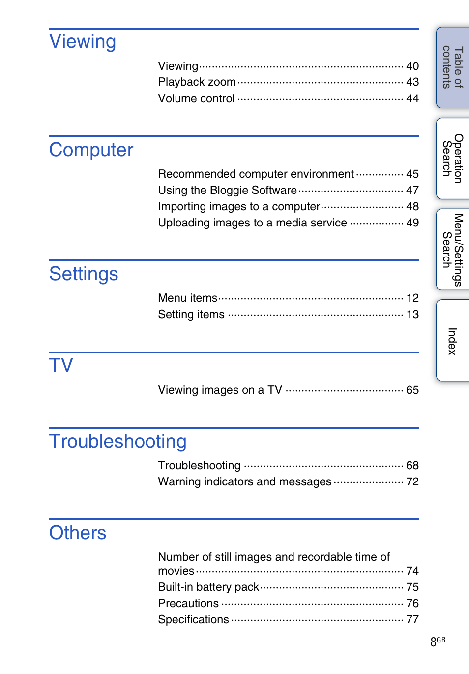 Viewing, Computer, Settings | Troubleshooting, Others | Sony bloggie MHS-FS2K User Manual | Page 8 / 80