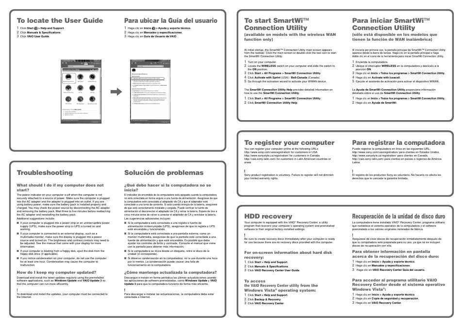 Troubleshooting, Solución de problemas, Para ubicar la guía del usuario | Para iniciar smartwi™ connection utility, Hdd recovery, Recuperación de la unidad de disco duro, Para registrar la computadora | Sony VGN-TZ340NEB User Manual | Page 2 / 2