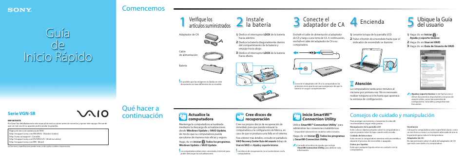 Qué hacer a continuación comencemos, Instale la batería, Verifique los artículos suministrados | Conecte el adaptador de ca, Encienda, Ubique la guía del usuario, Consejos de cuidado y manipulación, Serie vgn-sr | Sony VGNSR590FAB User Manual | Page 2 / 2