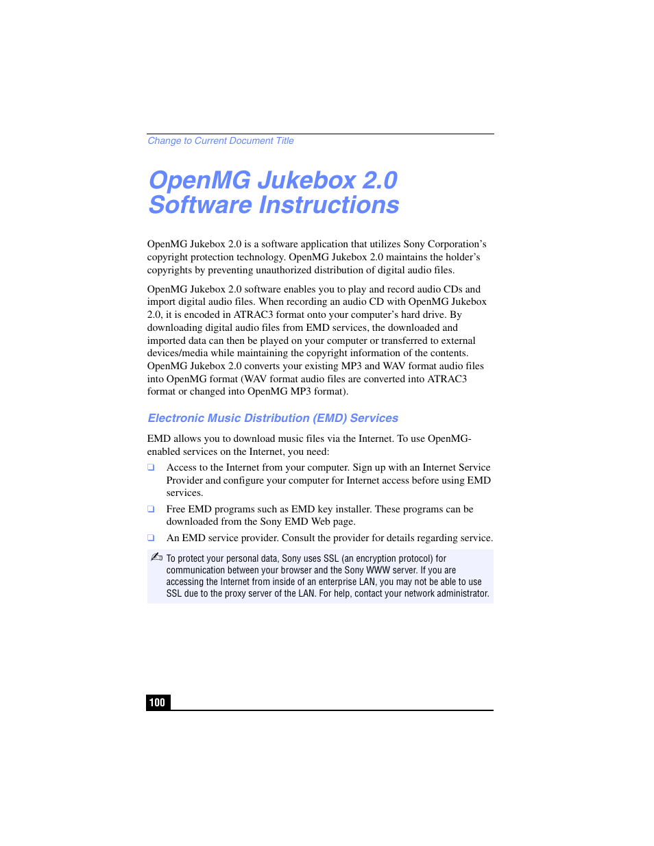 Openmg jukebox 2.0 software instructions, Electronic music distribution (emd) services, Openmg jukebox 2.0 | Software instructions | Sony PCG-FX210 User Manual | Page 100 / 136