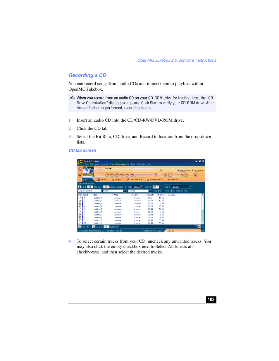 Recording a cd | Sony PCG-FX210 User Manual | Page 103 / 136