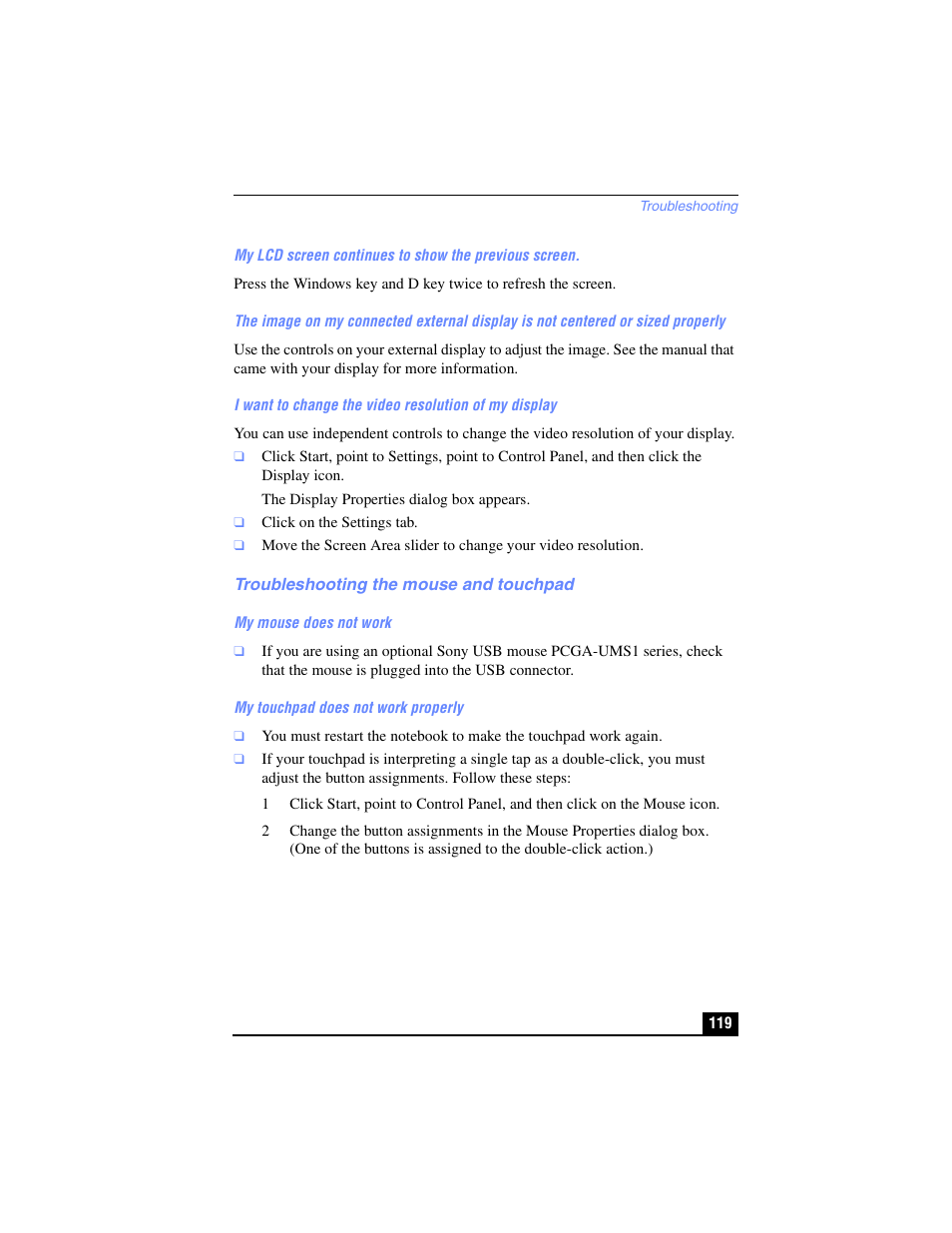 Troubleshooting the mouse and touchpad | Sony PCG-FX210 User Manual | Page 119 / 136