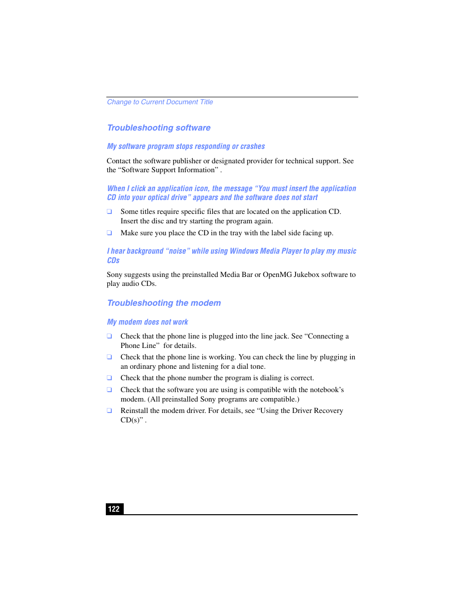 Troubleshooting software, Troubleshooting the modem, Troubleshooting software troubleshooting the modem | Sony PCG-FX210 User Manual | Page 122 / 136