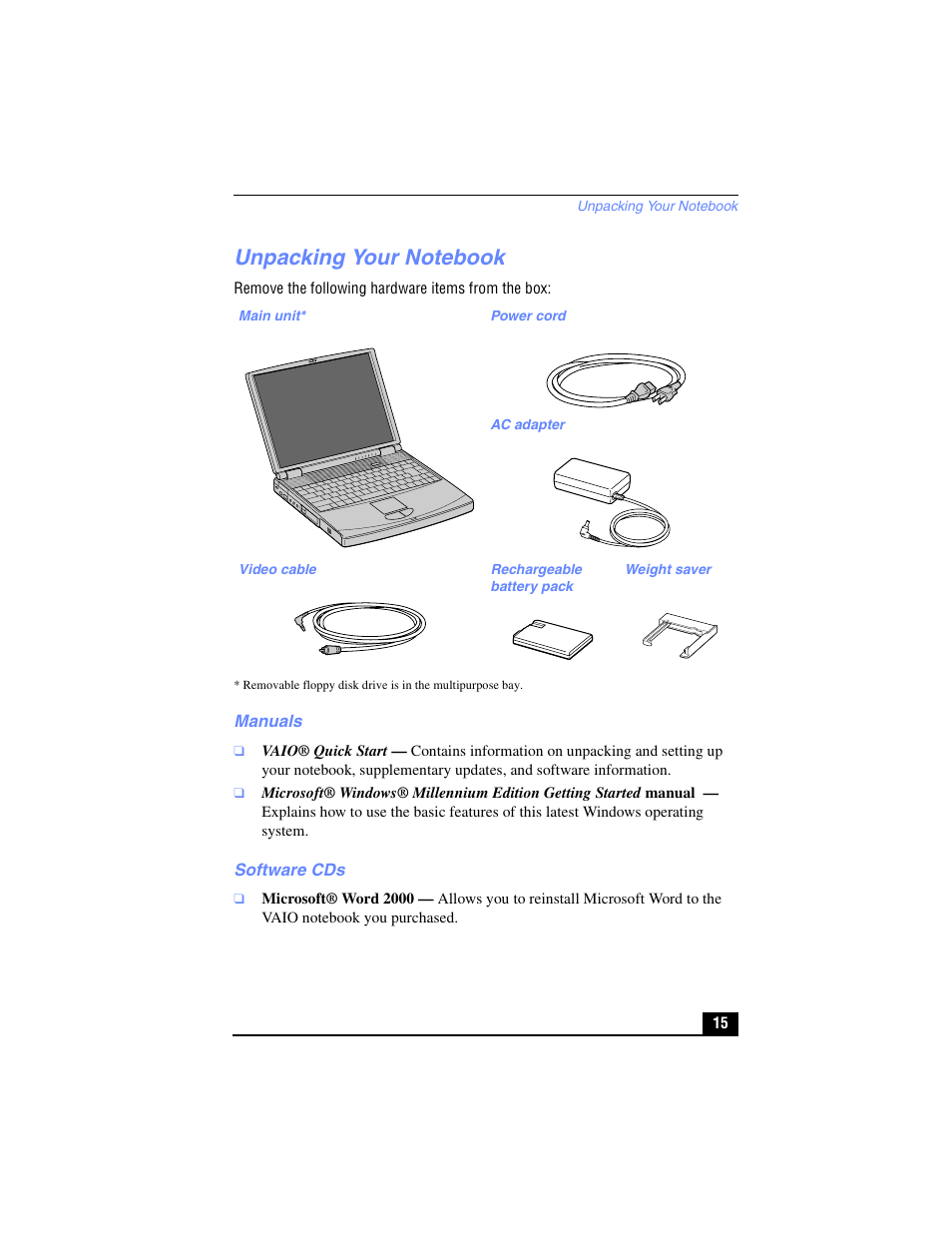 Unpacking your notebook, Manuals, Software cds | Manuals software cds | Sony PCG-FX210 User Manual | Page 15 / 136