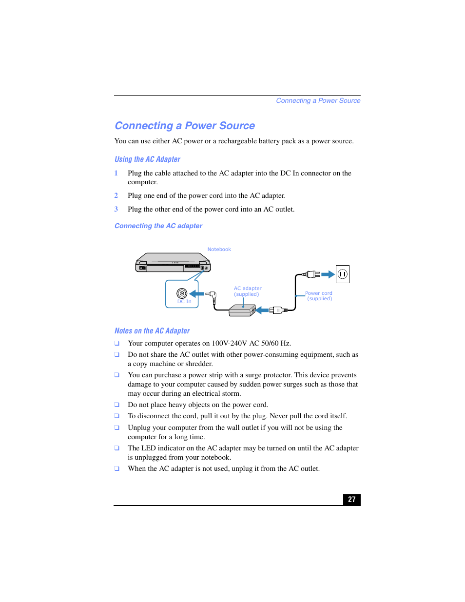 Connecting a power source | Sony PCG-FX210 User Manual | Page 27 / 136